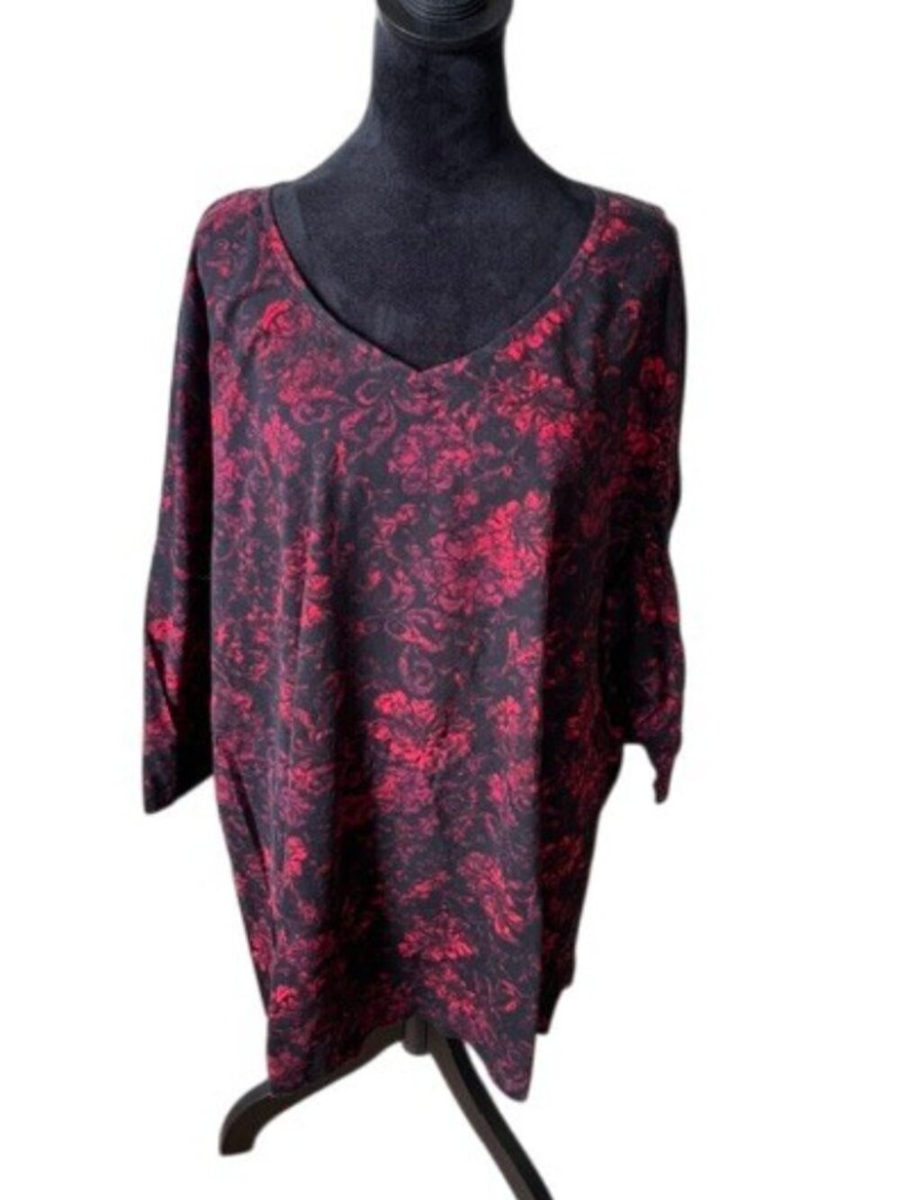 Catherine Red Black Floral 100% Cotton V Neck Short Sleeve Top EUC 4X
